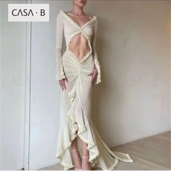NEW💫to CASA B|“Glamour de Cannes” Mesh Cut-Out Frill Sheer Long Sleeve Lux Gown - Picture 11 of 16
